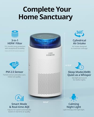 COWAY Air Purifiers for Home up to 810 ft HEPA and Carbon Filter for Smoke Allergies Pet Dander Odor AQI Monitor Auto Mode Timer Filter Indicator Night Light 2yr Warranty Airmega 100 White - Image 3