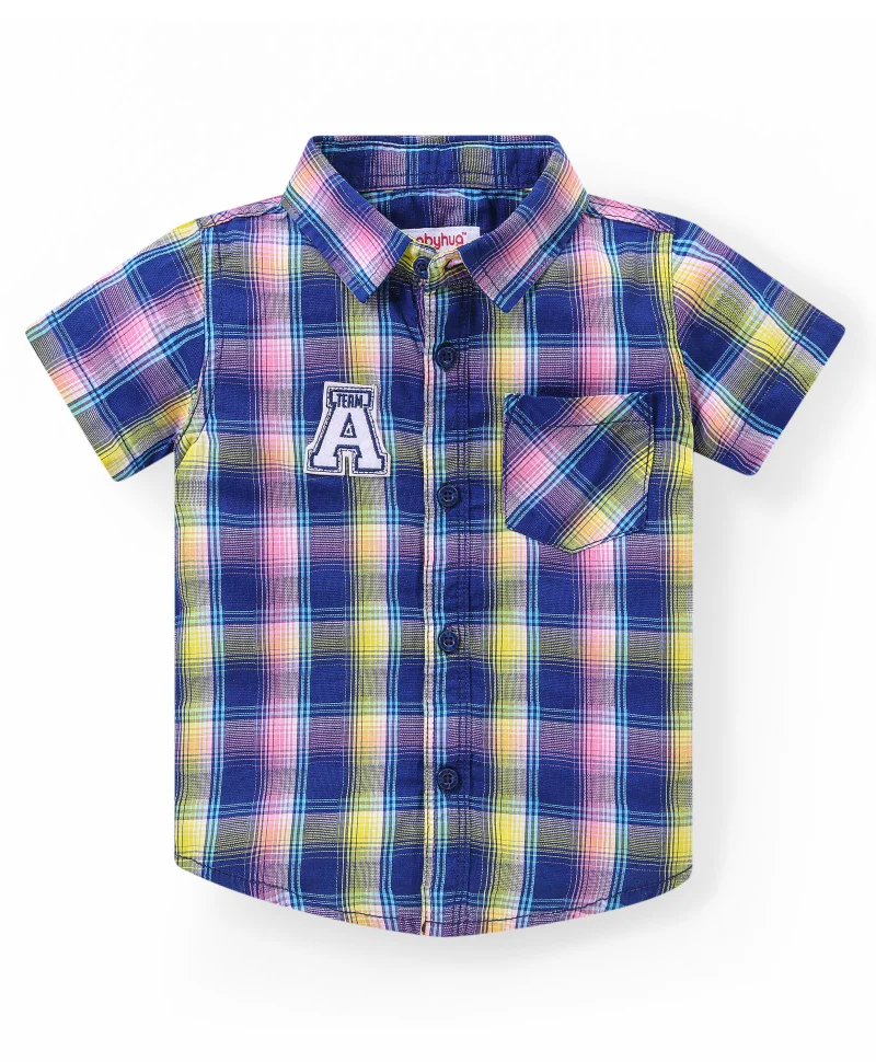 babyhug Babyhug Cotton Woven Half Sleeves Checkered Shirt And Shorts Set - Blue & Beige