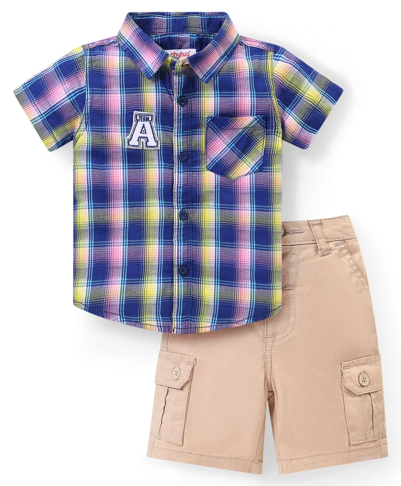 babyhug Babyhug Cotton Woven Half Sleeves Checkered Shirt And Shorts Set - Blue & Beige