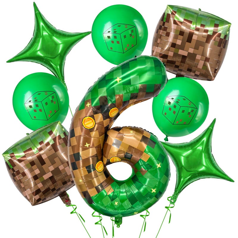 Zailo 40 Inch Giant Green Brown Pixel Gold Coin Miner Theme Number Foil Balloon, Mining Green Birthday Party Decoration Set 0-9 Optional for Kids Anniversary Balloon Party Supplies Game Theme (6) - Image 1