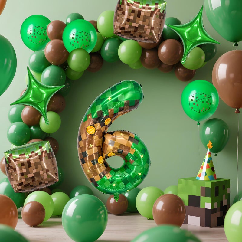 Zailo 40 Inch Giant Green Brown Pixel Gold Coin Miner Theme Number Foil Balloon, Mining Green Birthday Party Decoration Set 0-9 Optional for Kids Anniversary Balloon Party Supplies Game Theme (6) - Image 5