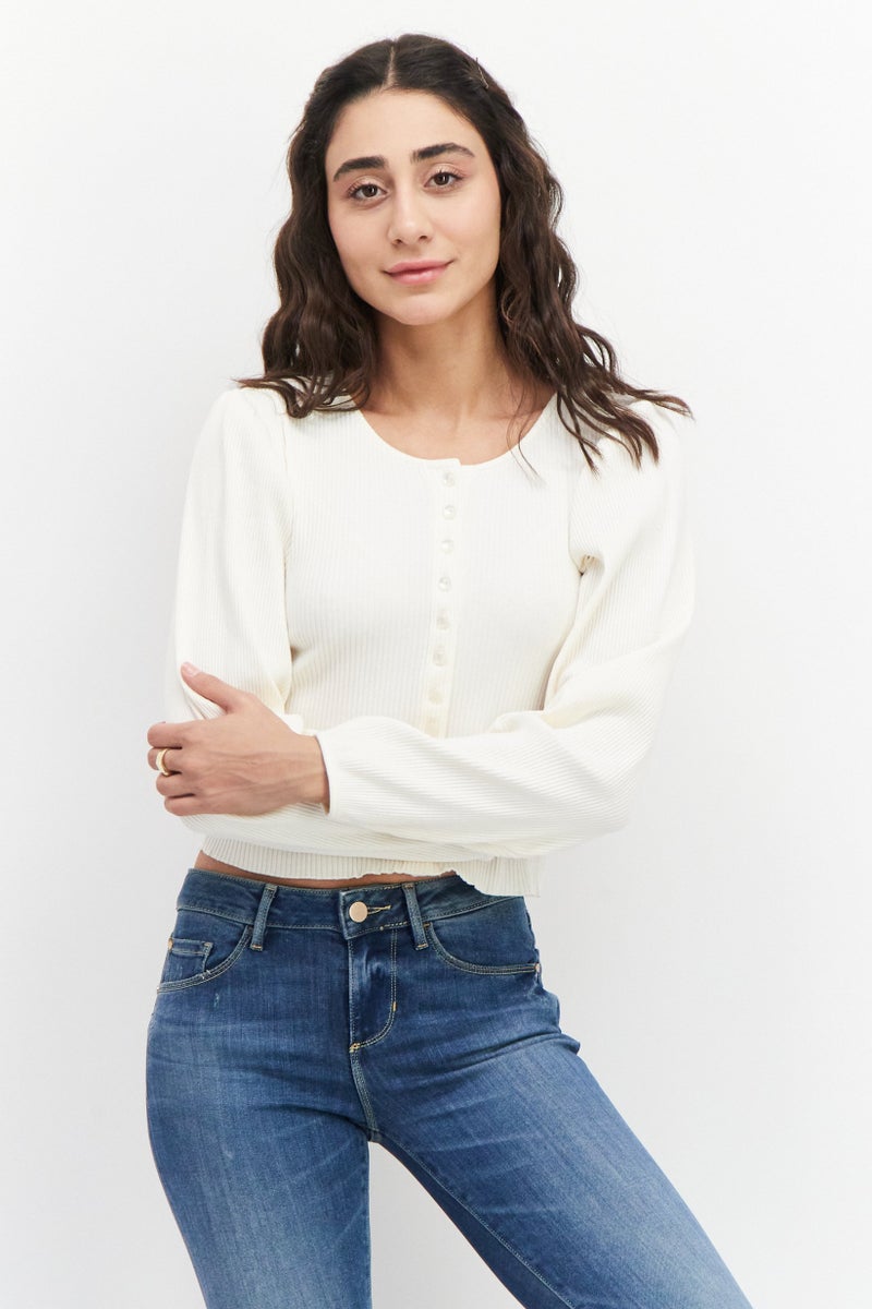 MONKI Women Round Neck Long Sleeve Ribbed Top, White Dusty - Image 1