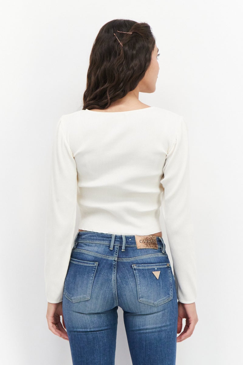 MONKI Women Round Neck Long Sleeve Ribbed Top, White Dusty - Image 3