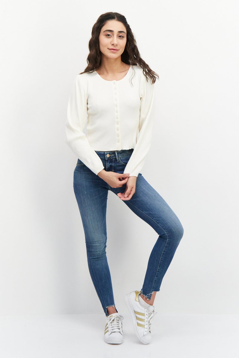 MONKI Women Round Neck Long Sleeve Ribbed Top, White Dusty - Image 4