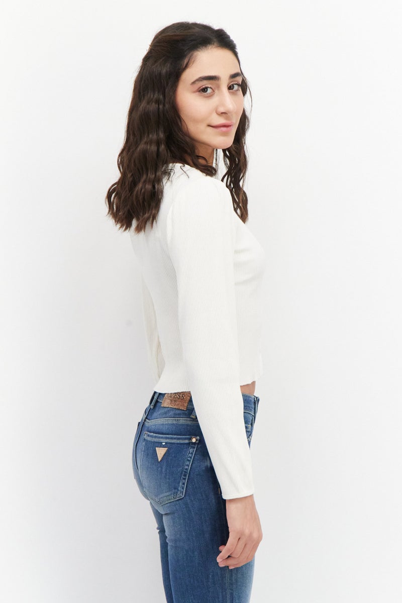 MONKI Women Round Neck Long Sleeve Ribbed Top, White Dusty - Image 2