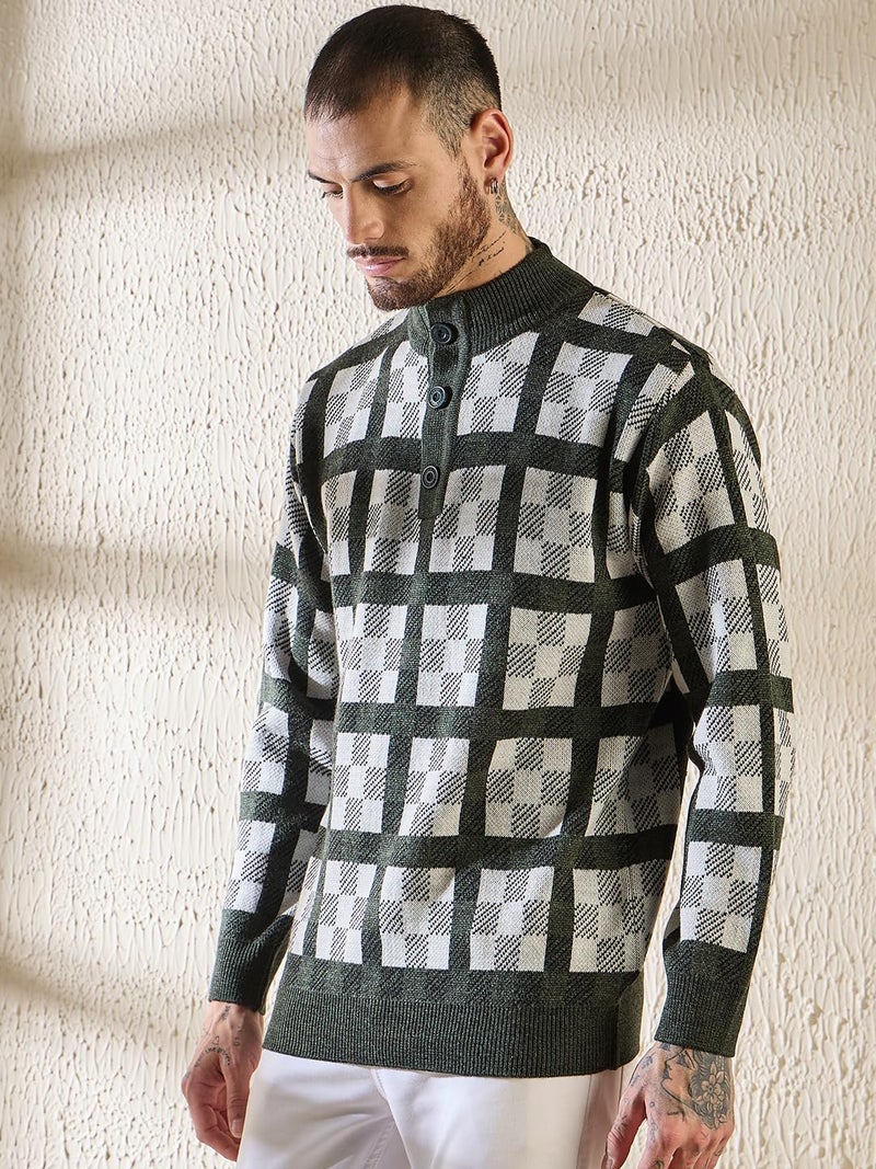 Pivl Men's Winter Half Button Open Sweater_Olive_XXL - Image 2