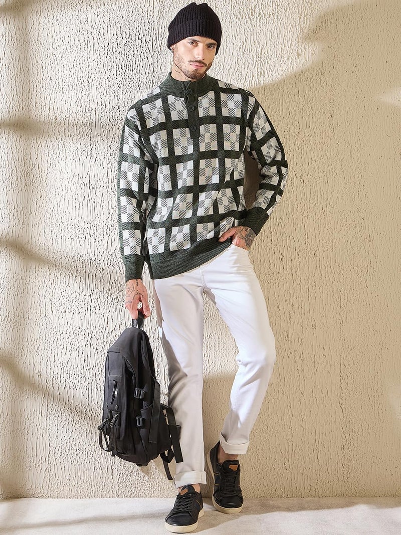 Pivl Men's Winter Half Button Open Sweater_Olive_XXL - Image 5