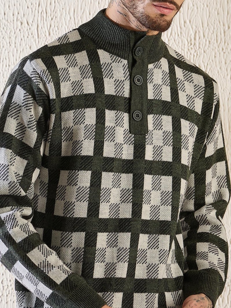 Pivl Men's Winter Half Button Open Sweater_Olive_XXL - Image 4