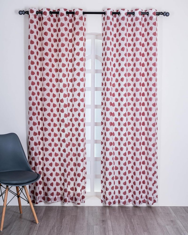 Parda Online Premium Linen Embroidered Curtain with Red Leaf Design - 7ft (Pack of 2) - Image 2