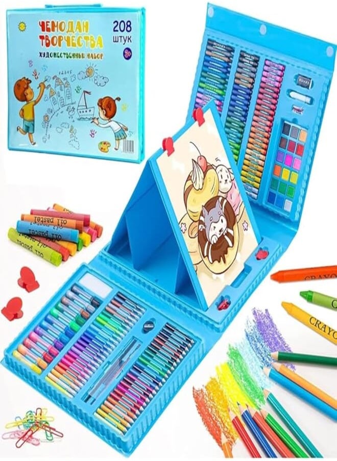 Fantastic-Kids-Toys 208 Pieces Tri-Fold Art Tool Set with Drawing Box, Portable Tri-Fold Art Tool Set with Oil Pastels, Colored Pencils, Crayons, Markers, Drawing Brush, Drawing Pad for Kids (Blue) 