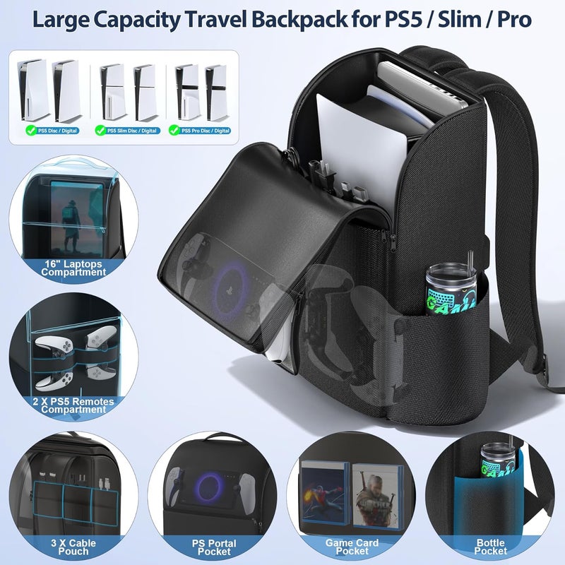Rysker PS5/PS5 Slim/Pro Console Backpack, PS5 Travel Bag with Full Protection, Large Capacity PS5 Carry Bag, PS Portal, Laptop, Game Card, PlayStation 5 Backpack with 3 Cable Pockets - Black - Image 2