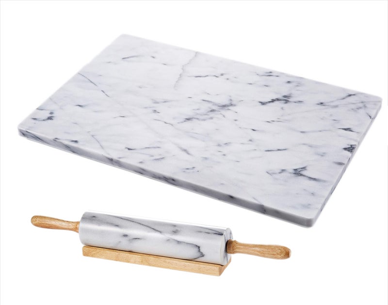 JEmarble Pastry Board 16x20 inch Set with Rolling PinWooden Handles 18 inchWhite NonSlip Rubber Feets for Stability Perfect for Keep the Dough Cool and Chocolate TemperingPremium Quality