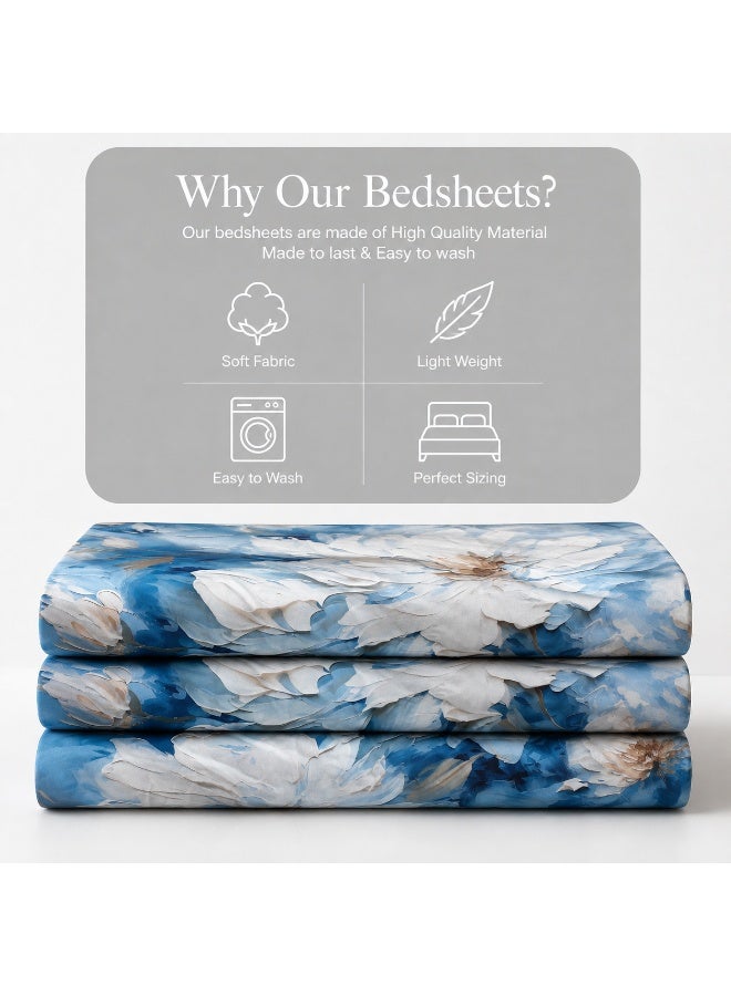 King Size Flat Bedsheet Set, 5D Digital Printed White Cosmos Floral on Sky Blue Watercolor - Image 5