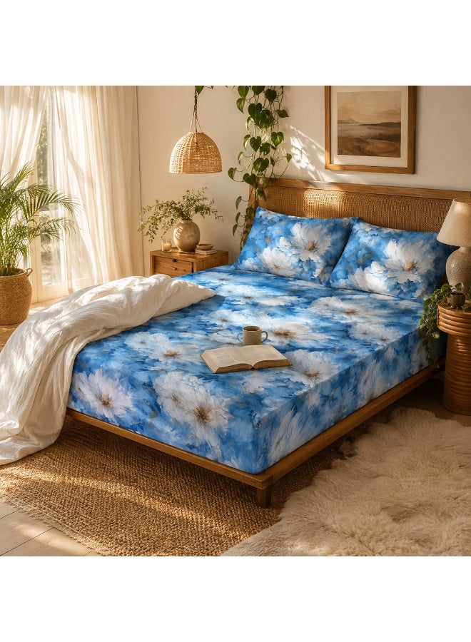 King Size Flat Bedsheet Set, 5D Digital Printed White Cosmos Floral on Sky Blue Watercolor - Image 1