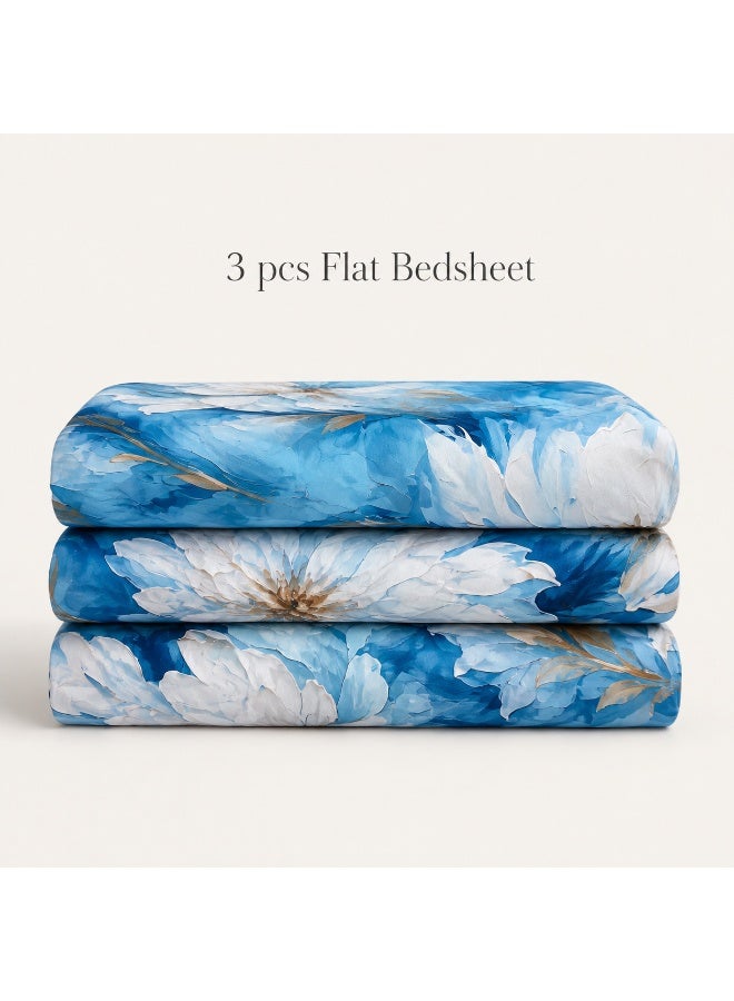King Size Flat Bedsheet Set, 5D Digital Printed White Cosmos Floral on Sky Blue Watercolor - Image 4