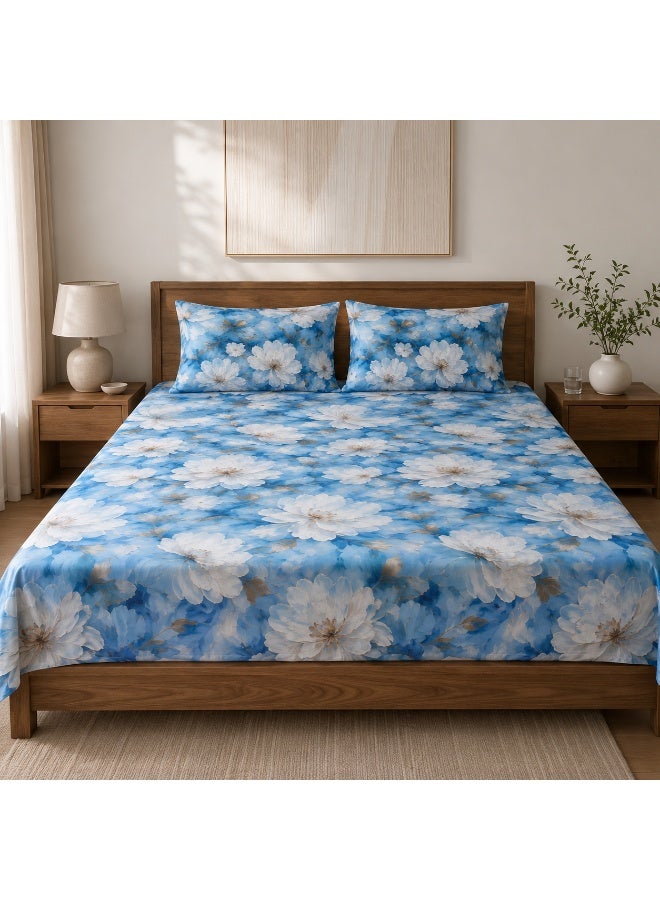 King Size Flat Bedsheet Set, 5D Digital Printed White Cosmos Floral on Sky Blue Watercolor - Image 3