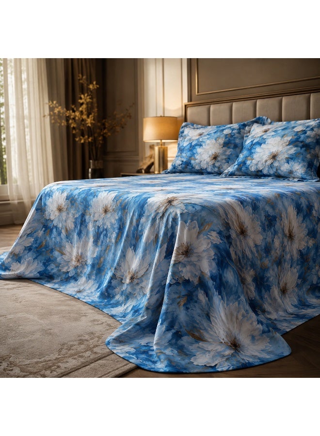 King Size Flat Bedsheet Set, 5D Digital Printed White Cosmos Floral on Sky Blue Watercolor - Image 2