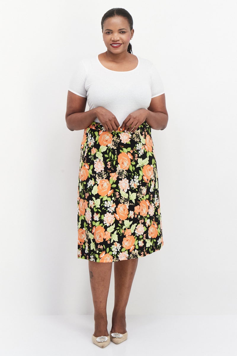 Kasper  Women Plus Size Floral Printed Midi Skirt, Black Combo - Image 4