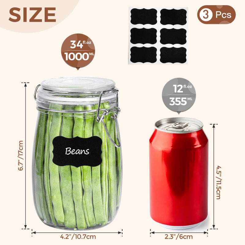 ComSaf Airtight Glass Canister Set of 3 with Lids 34oz Food Storage Jar Round - Storage Container with Clear Preserving Seal Wire Clip Fastening for Kitchen Canning Cereal,Pasta,Sugar,Beans,Spice - Image 2