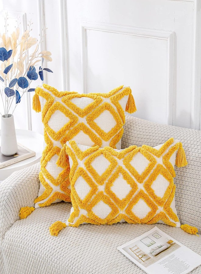 PANOD Super Soft Farmhouse Decorative Plush Throw Pillow Covers 16 x 16 Yellow,Solid Diamond Pattern Tufted with Tassels Modern Accent Boho Square Cushion Cover Pillow Case for Couch Sofa - Image 2