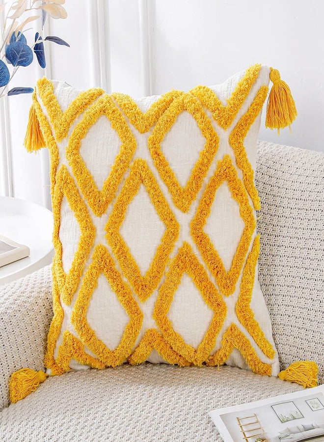 PANOD Super Soft Farmhouse Decorative Plush Throw Pillow Covers 16 x 16 Yellow,Solid Diamond Pattern Tufted with Tassels Modern Accent Boho Square Cushion Cover Pillow Case for Couch Sofa - Image 1