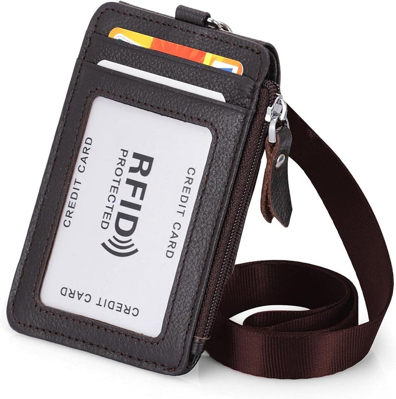 HAWEE حامل شارة بسحاب من الجلد الطبيعي مع تقنية RFID، محفظة سلسلة مفاتيح، حبال رقبة مع خطاف دوار للبطاقات/العملات/النقود، بني - Image 1