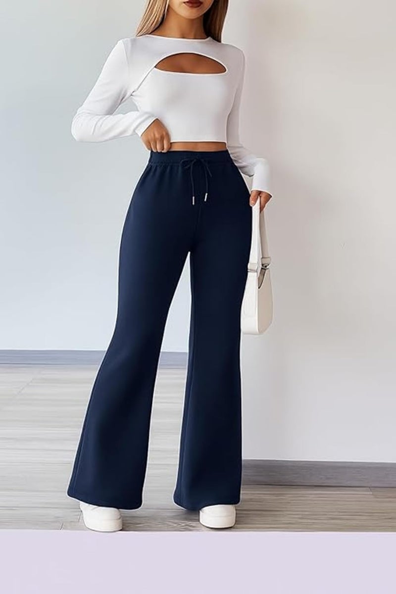 ADBUCKS Women’s Fleece Bell Bottom Sweatpants – High Waisted Wide Leg Lounge Pants with Pockets, Drawstring Waist, Warm Fleece Lined Winter Athletic Trousers (in, Alpha, M, Blue) - Image 4