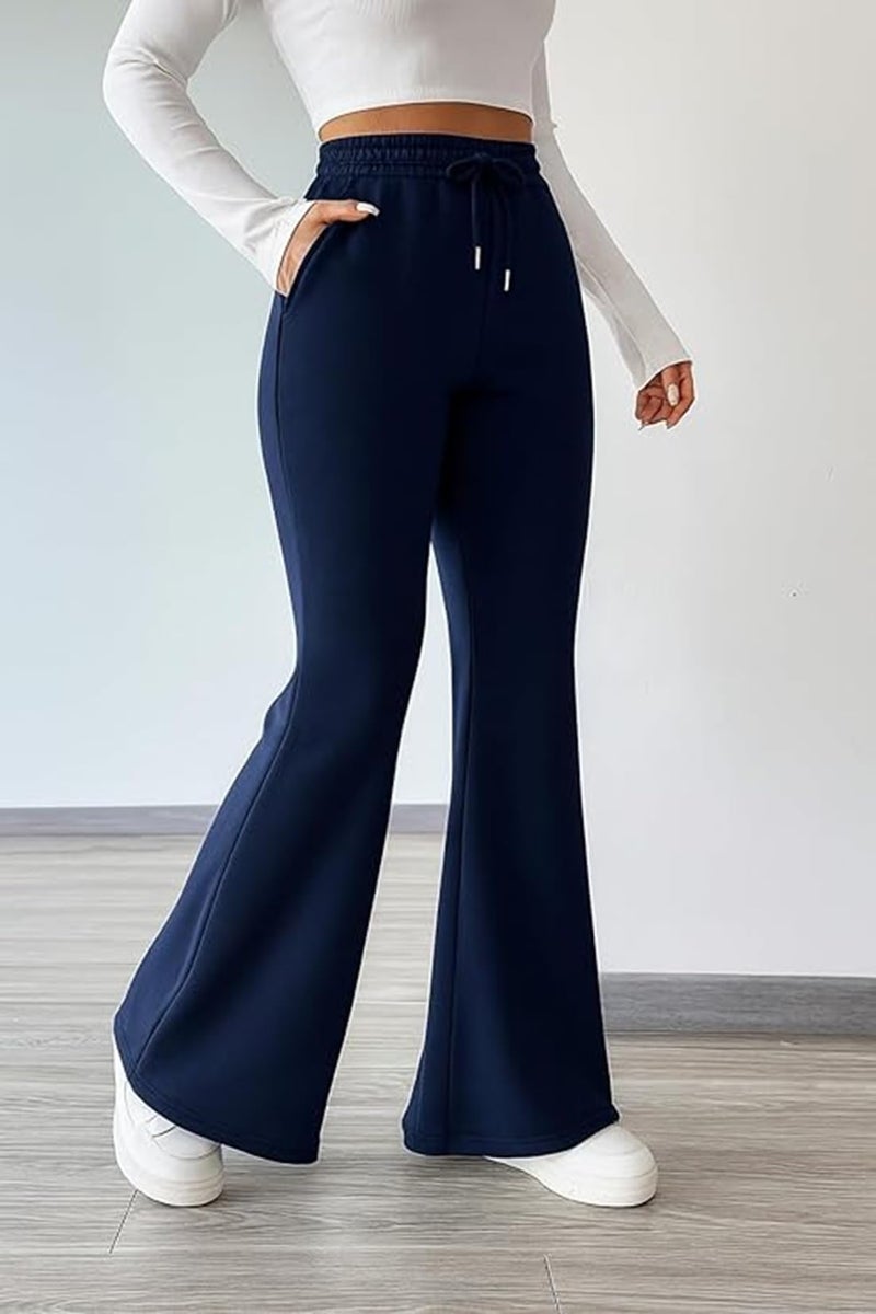 ADBUCKS Women’s Fleece Bell Bottom Sweatpants – High Waisted Wide Leg Lounge Pants with Pockets, Drawstring Waist, Warm Fleece Lined Winter Athletic Trousers (in, Alpha, M, Blue) - Image 2