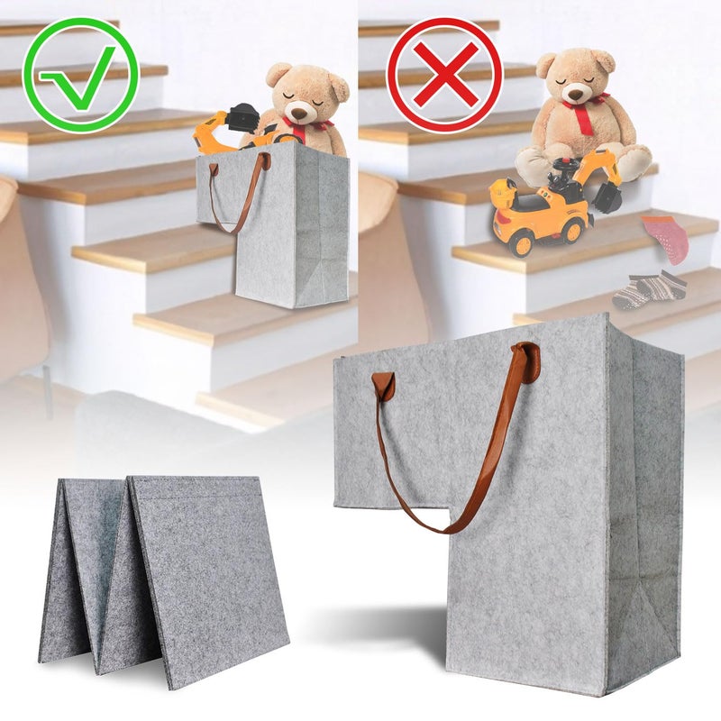 Zhupoub (2-PACK) Stair Basket -Foldable L-Shape step Storage Basket with Supporting Insert and Leather Handle, for Carpeted and Wooden Stairs, Suitable for Toys,Clothes,Books,Computers (Gray) - Image 3