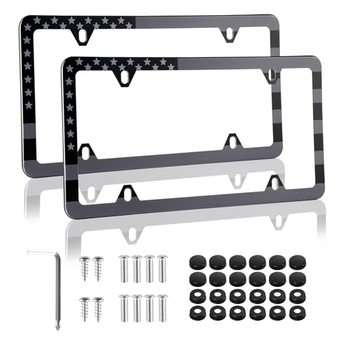 alpmosn 2PCS Stainless Steel License Plate Frames 4 Holes Car Licence Plate Covers with Screws Washers and Caps Car Exterior Accessories License Plate Holder for US Vehicles Black Flag - Image 1