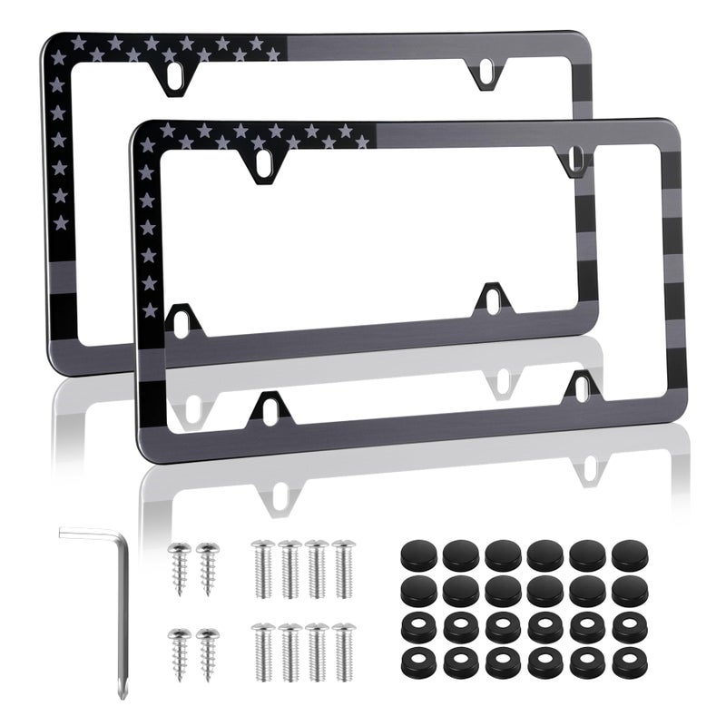 alpmosn 2PCS Stainless Steel License Plate Frames 4 Holes Car Licence Plate Covers with Screws Washers and Caps Car Exterior Accessories License Plate Holder for US Vehicles Black Flag - Image 3