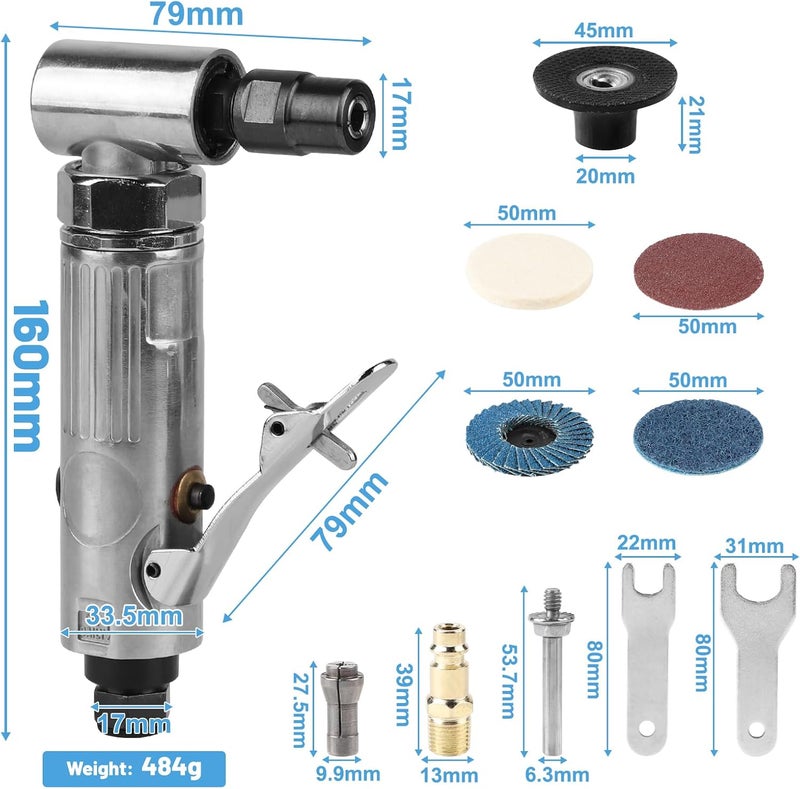 LALAGO Compressed Air Grinder 90°, Compressed Air Grinder, Angle Grinder, Rod Grinder, Compressed Air with 50 mm Corundum Sand Disc, 80 Mesh Air Flap - Image 3