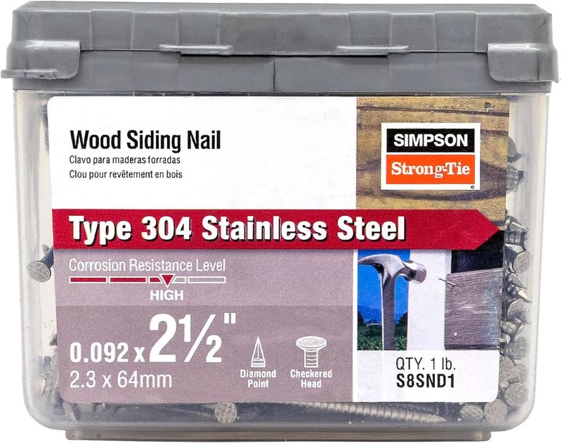 Simpson StrongTie S8SND1 Ring-Shank Wood Siding Nail, 2-1/2 Inch x 0.092 Inch,13 Gauge, Full Round Head, Diamond Point, Type 304 Stainless Steel (Pack of 196) - Image 1