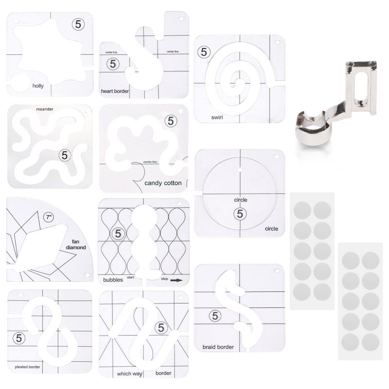 AUMACHEN 14 PCs Free Motion Quilting Template Set Includes 11 Quilting Templates 3mm High Shank Ruler Foot NonSlip Grips Free Motion Quilting Rulers and Templates for DIY Quilting on Sewing Machine