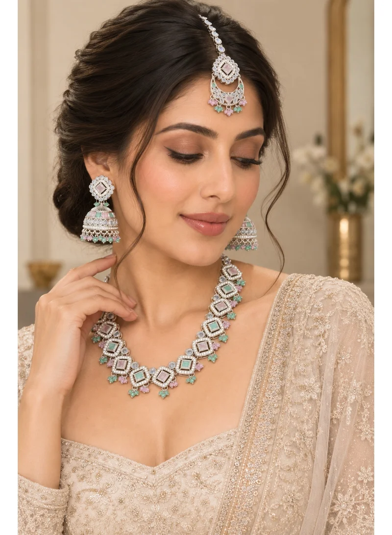 Lehar Silver-Tone Pastel Pink & Mint Necklace Set with Jhumka Earrings & Maang Tikka - Indian Bridal Jewelry