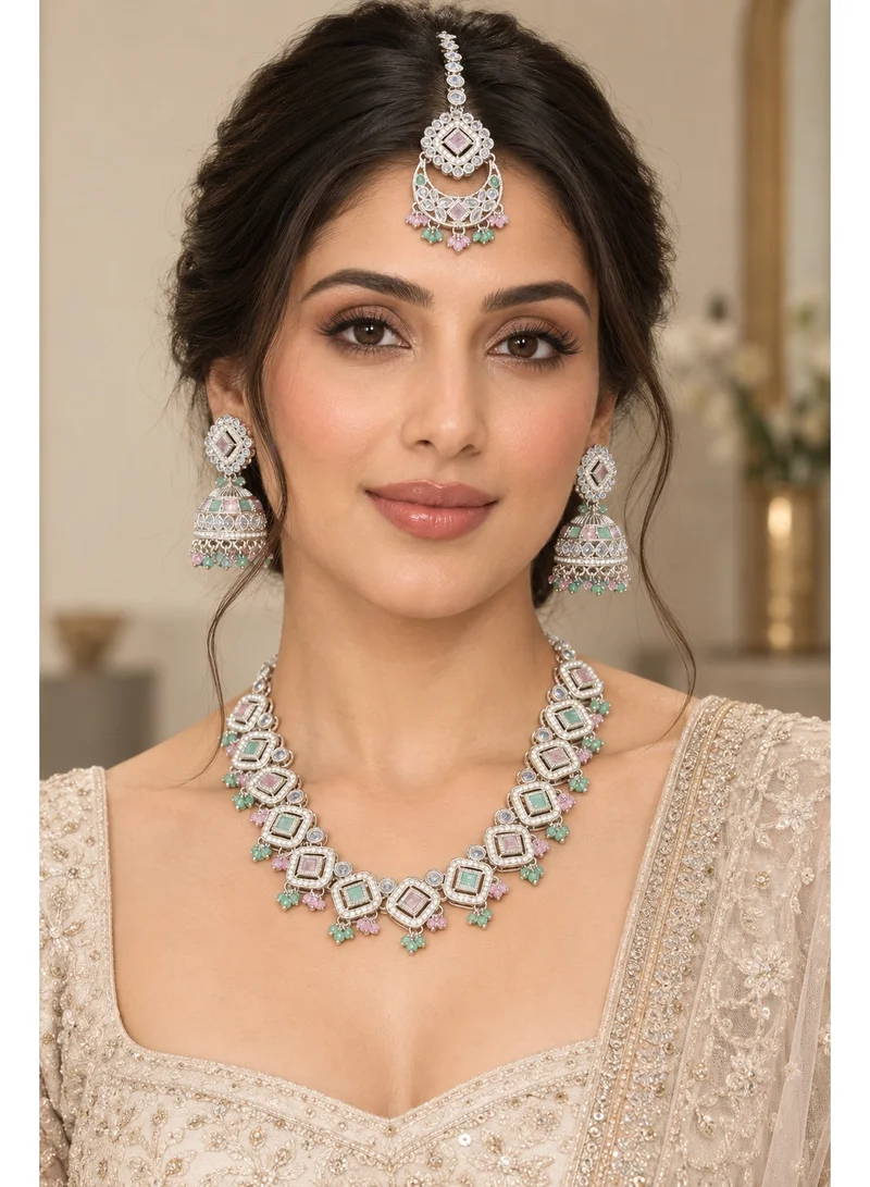 Lehar Silver-Tone Pastel Pink & Mint Necklace Set with Jhumka Earrings & Maang Tikka - Indian Bridal Jewelry