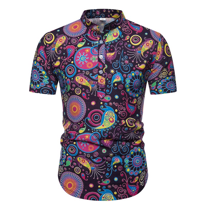 2019 Men's Cotton and Linen Vertical Collar Short-sleeved T-shirt Men's Floral Half-sleeved T-shirt for Men - Image 1