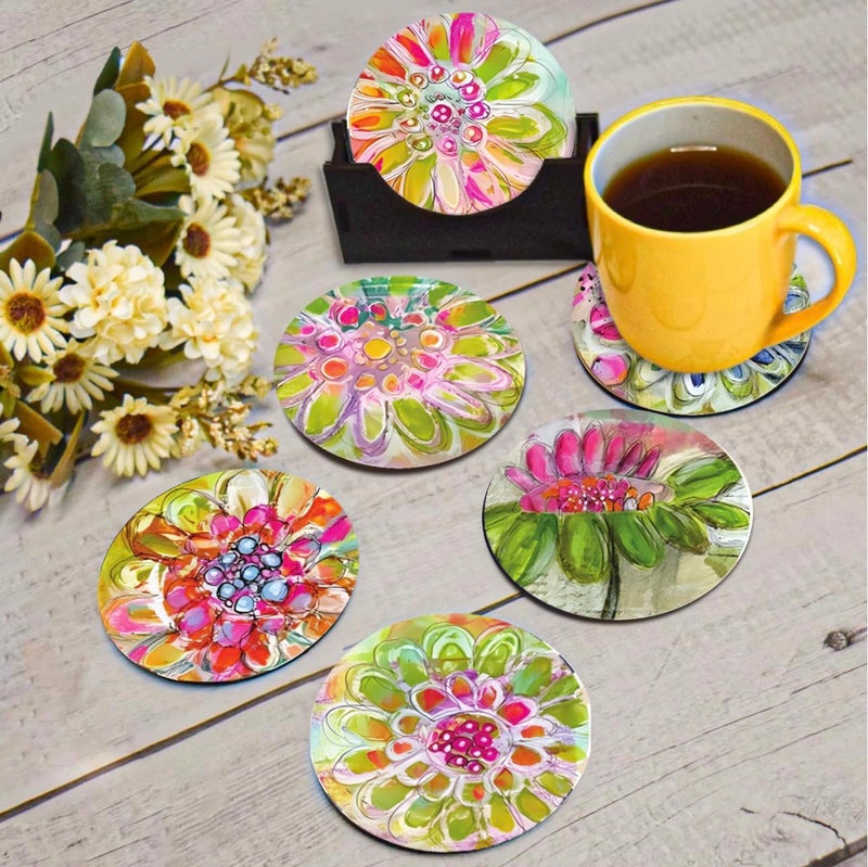 My Creative Hut Tea Coasters Set of 6, Beautiful Design with Stand for Tea Cups, Coffee Mugs, and Glasses, Ideal for Gifting (Flower Ghibli Art) - Image 1