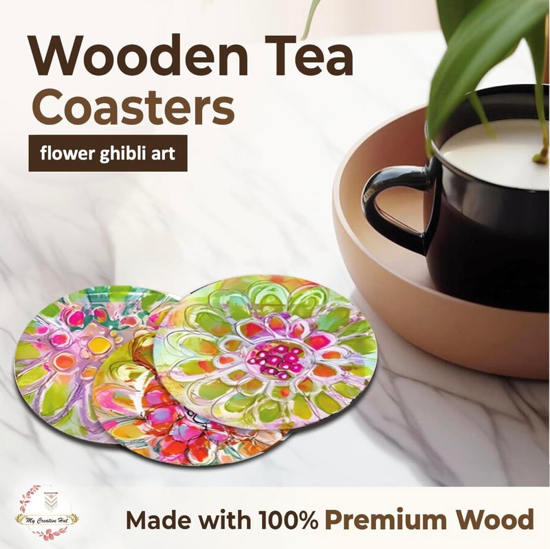 My Creative Hut Tea Coasters Set of 6, Beautiful Design with Stand for Tea Cups, Coffee Mugs, and Glasses, Ideal for Gifting (Flower Ghibli Art) - Image 3