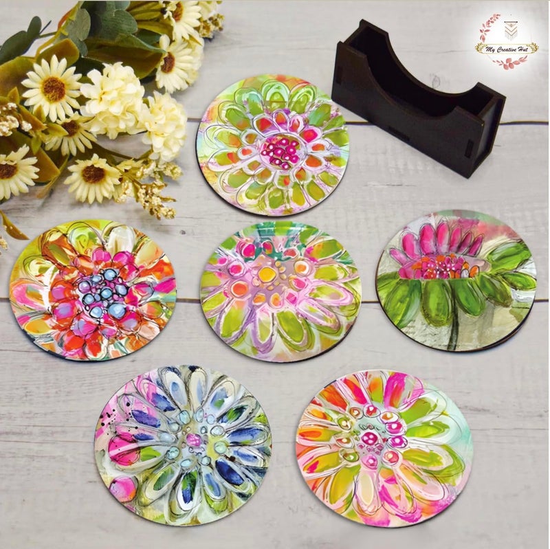 My Creative Hut Tea Coasters Set of 6, Beautiful Design with Stand for Tea Cups, Coffee Mugs, and Glasses, Ideal for Gifting (Flower Ghibli Art) - Image 4