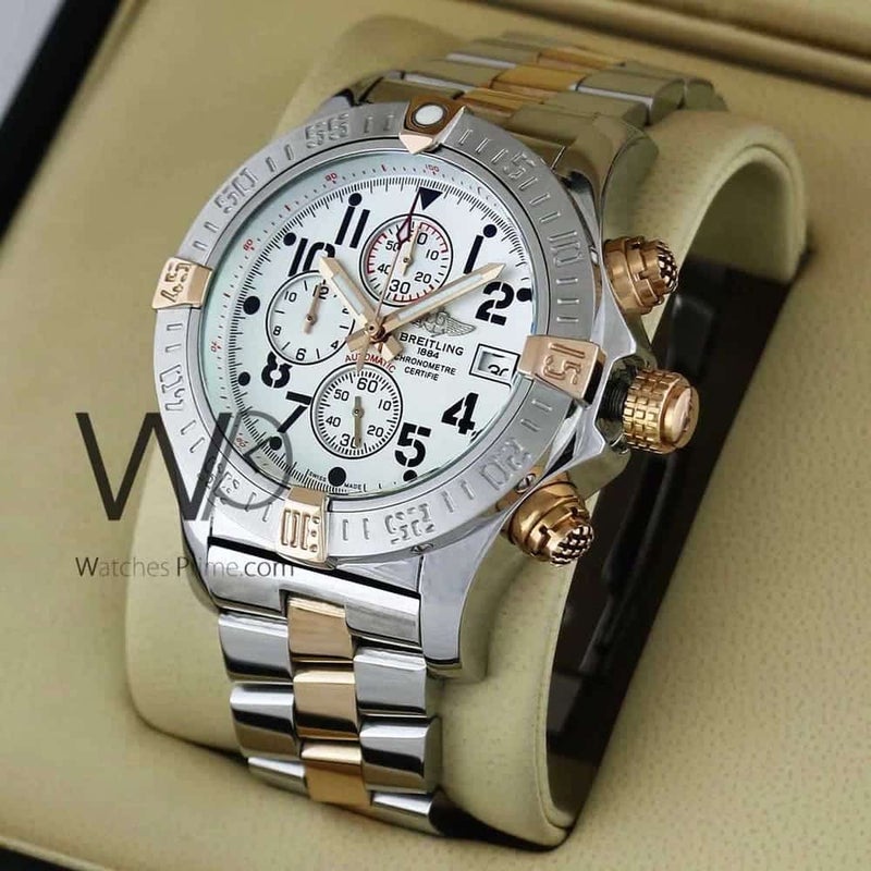 Breitling Chronograph White Watch with Silver and Rose gold Stainless steel strap for Men