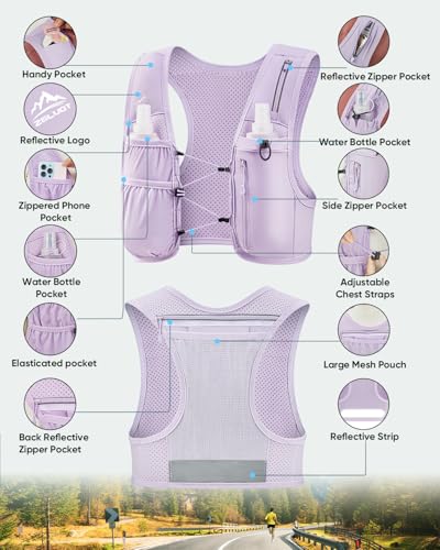 Zelvot Running Vest for Women Men, USA Original Patent, Adjustable Chest Straps Running Hydration Vest with 500ml Soft Flask, Lightweight Reflective Hydration Backpack for Marathon (Purple, XS/S) - Image 5