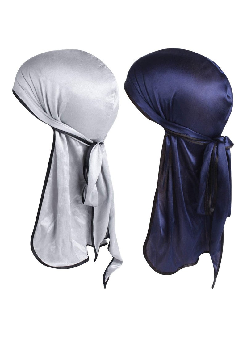 Suntown Silky Durag Men Soft Silk Durags 360 Waves Headwraps Unisex Cap Bandana Turban Hat with Long Tails and Wide Straps for Kids Women 2 Pcs - Image 1
