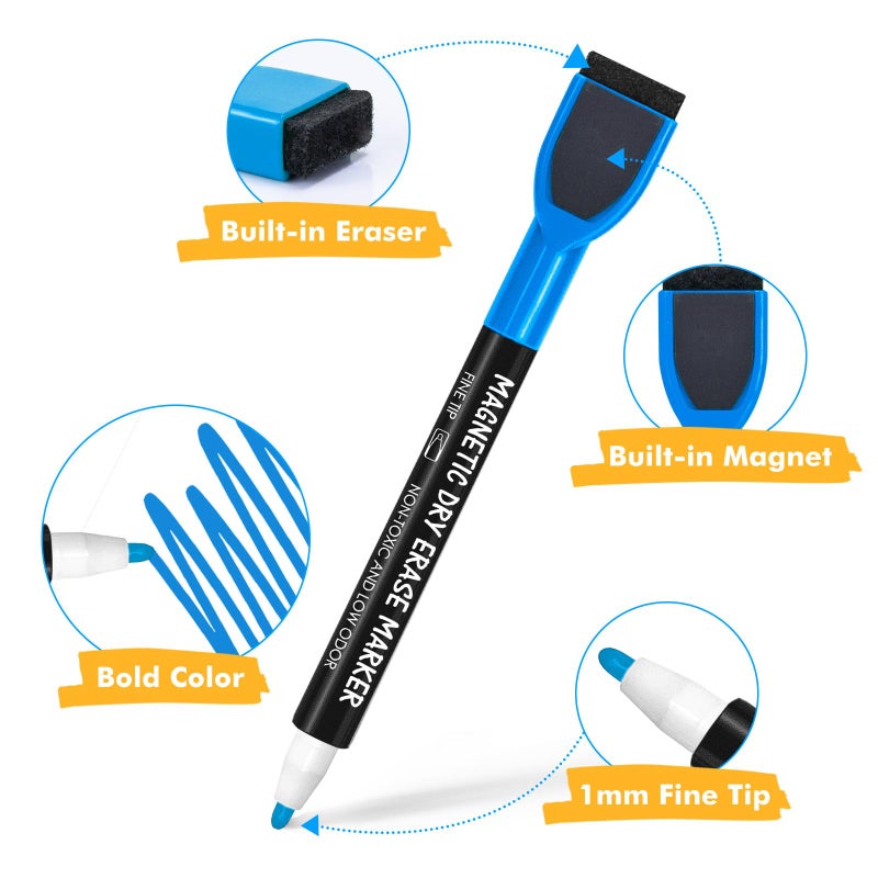 maxtek Magnetic Whiteboard Markers - 12 Count Colorful Fine Tip Dry Erase Markers with Eraser for Kids, Low Odor Thin Markers for Calendar Boards - Image 2