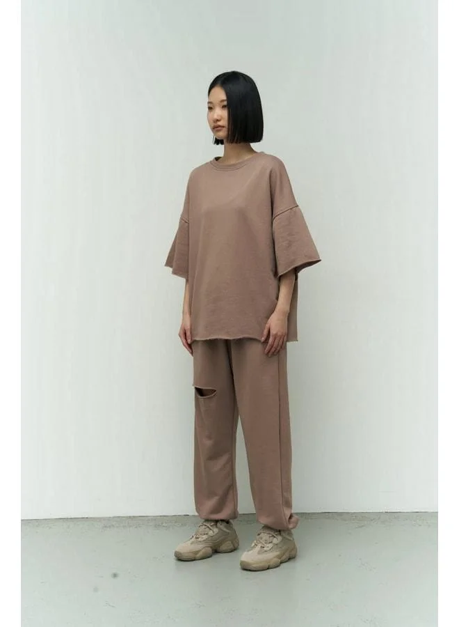 MAI STUDIOS CO.  Mcllctn Lion Ripped Grey Oversize T‑shirt and Sweatpants Set. for Women | Best Price UAE