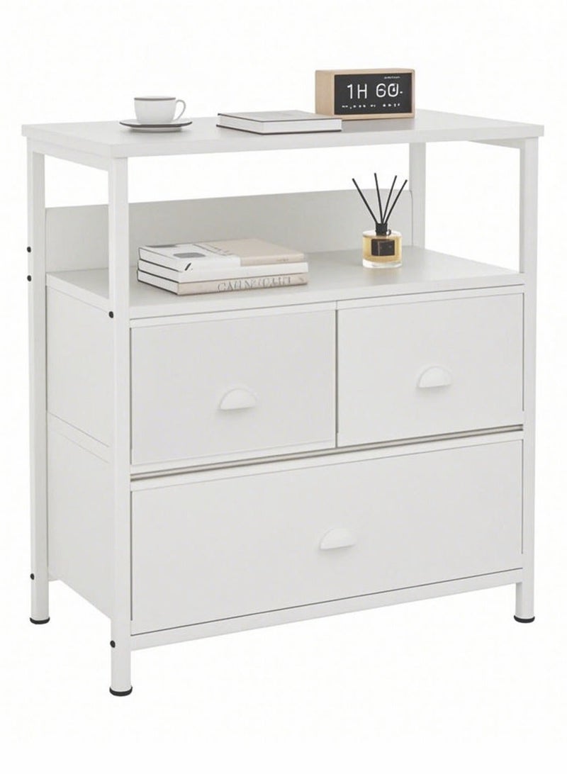 آسي بلاي طاولة جانبية عصرية بجانب السرير مع 3 أدراج ورف مفتوح، وحدة تخزين مدمجة بإطار معدني، طاولة بنقشة خشبية لغرفة النوم وغرفة المعيشة والمدخل - Image 1