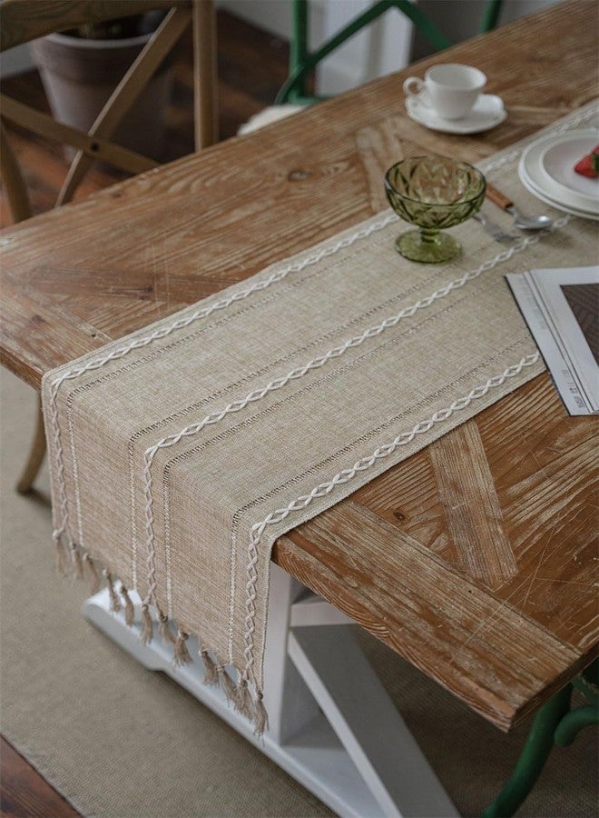 Utobanh Farmhouse Table Runner, Hollow Out Rustic Table Runners 72 Inches Long, Cotton Linen Boho Table Runner, Striped Table Runner with Tassels for Dining Party Holiday, 13x72 Inches - Image 3