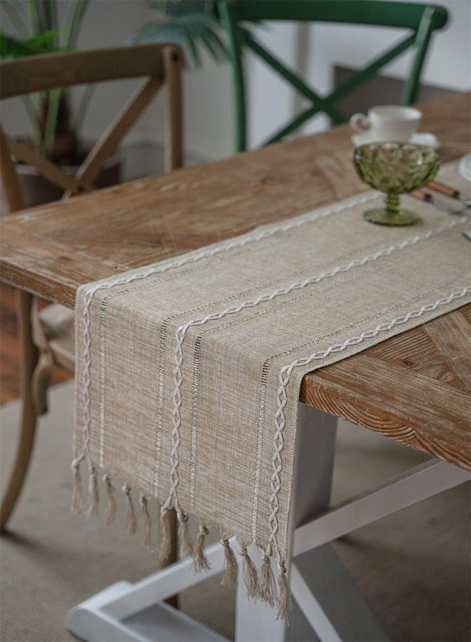 Utobanh Farmhouse Table Runner, Hollow Out Rustic Table Runners 72 Inches Long, Cotton Linen Boho Table Runner, Striped Table Runner with Tassels for Dining Party Holiday, 13x72 Inches - Image 2