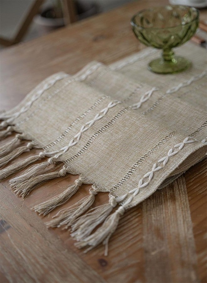 Utobanh Farmhouse Table Runner, Hollow Out Rustic Table Runners 72 Inches Long, Cotton Linen Boho Table Runner, Striped Table Runner with Tassels for Dining Party Holiday, 13x72 Inches - Image 4