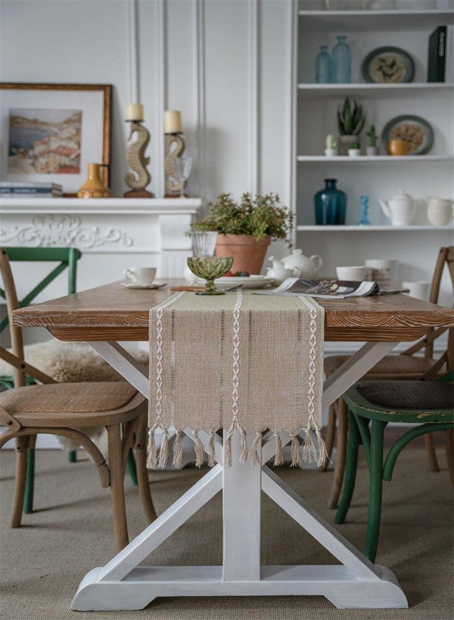 Utobanh Farmhouse Table Runner, Hollow Out Rustic Table Runners 72 Inches Long, Cotton Linen Boho Table Runner, Striped Table Runner with Tassels for Dining Party Holiday, 13x72 Inches - Image 1